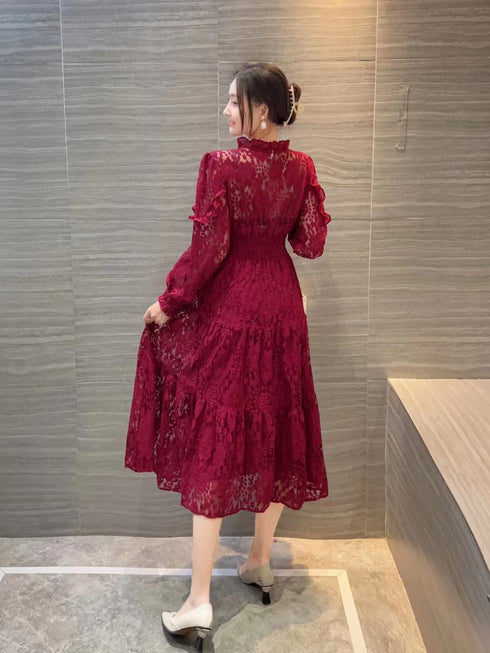Elegant Jacquard Lace Dress for Women with Sweet Edible Tree Fungus Patchwork